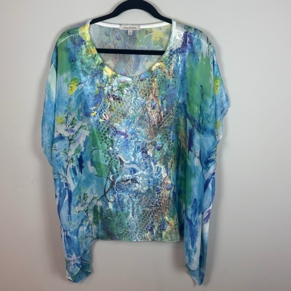 Jess & Jane Womens Asymetric Watercolor Flowy Multicolor Textured Top sz Large